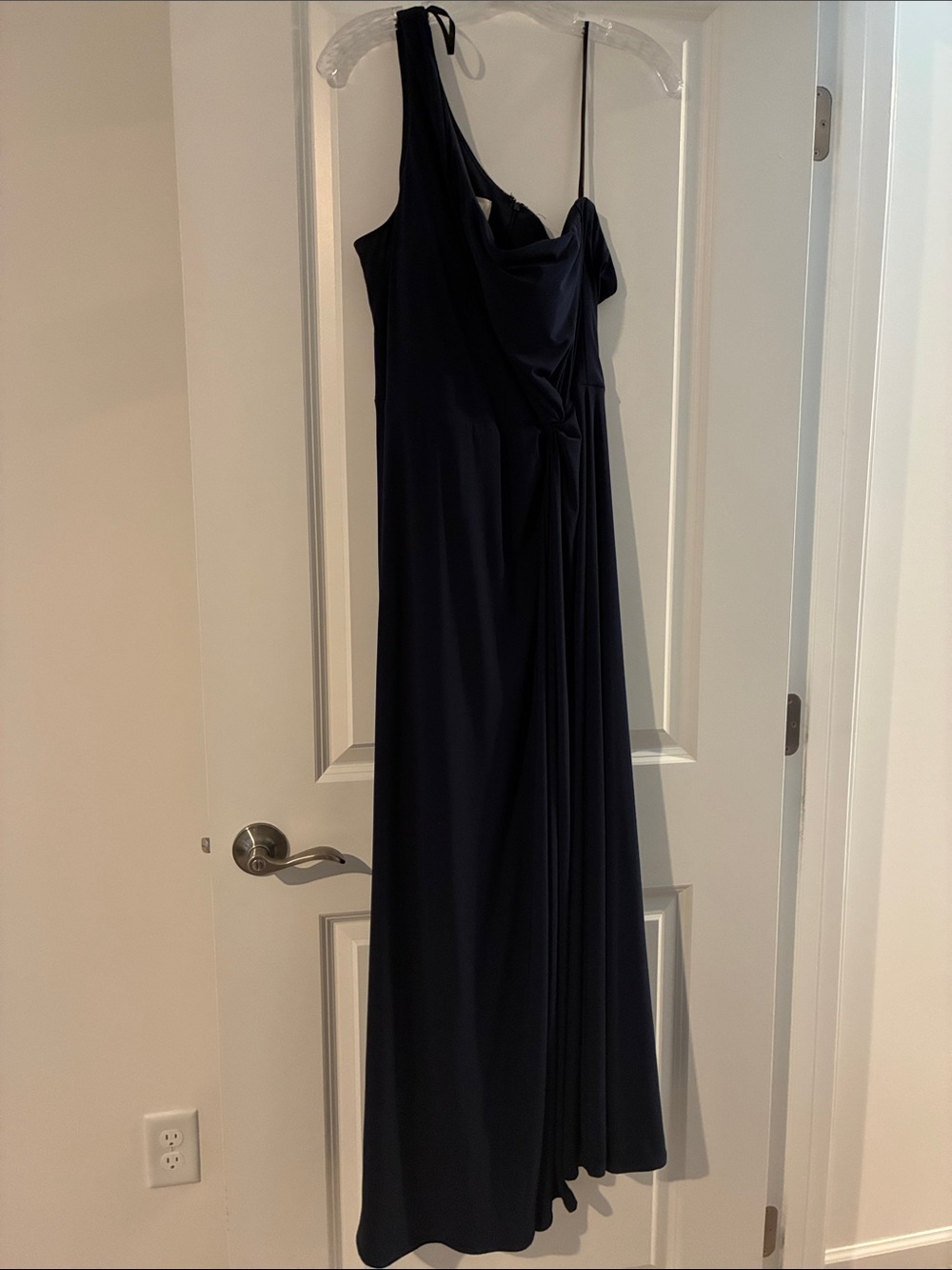 BHLDN Navy One-Shoulder Draped Evening Gown